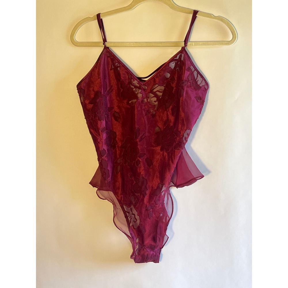 Vintage Victoria's Secret 90s Bodysuit Burgundy Floral Whimsigoth Velvet Small‎